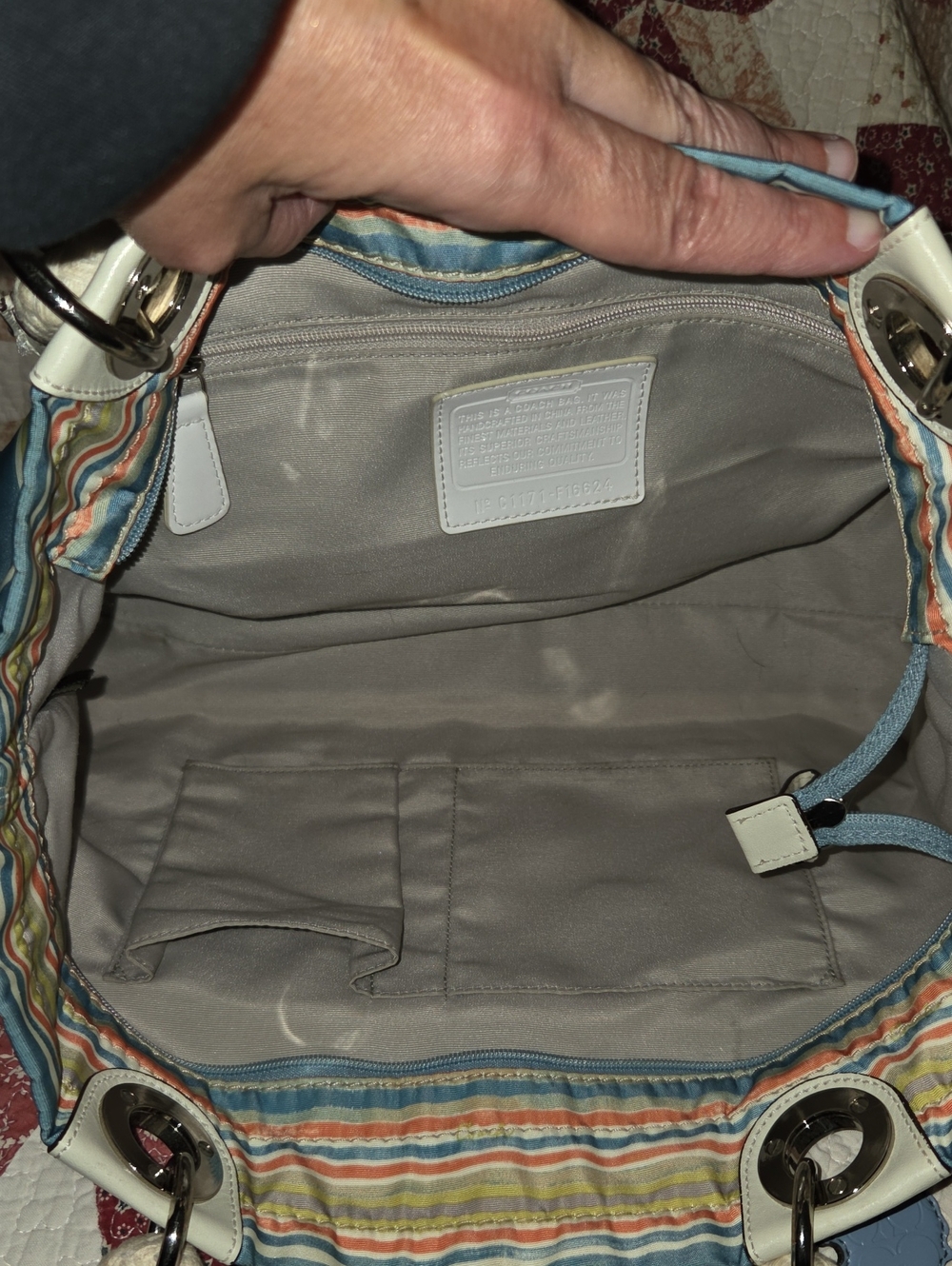 Coach Striped Blue Canvas Tote with Cream Handles - Picture 9 of 10